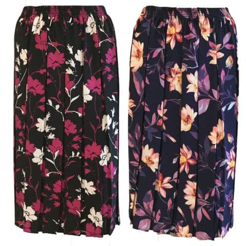 PLEATED MIDI SHORT SKIRT FLORAL CLASSIC  DESIGN WITH FULL ELASTIC, 27" LENGTH